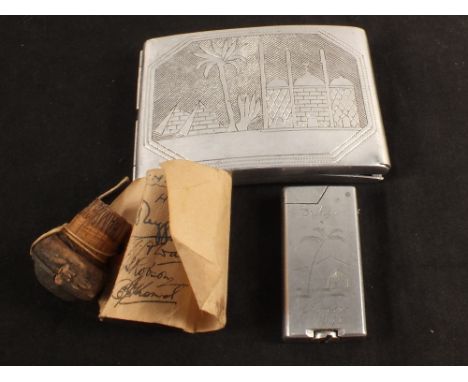 Three WWII era items including cigarette case and a lighter, dated 1944