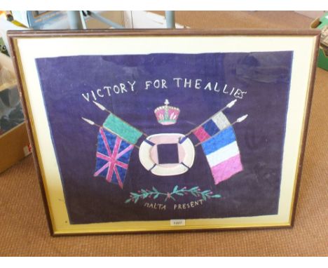 A silk work 'Victory for the Allies', framed and glazed with a post war military cap