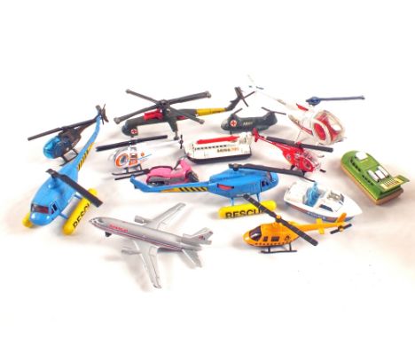 Various small Matchbox etc models including helicopters, boats, planes and scooter etc