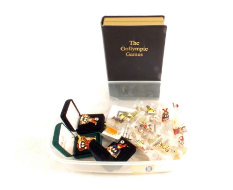 Various Golly enamel badges including World Cup 98, Barcelona 92 and boxed Gollympic games