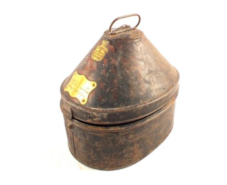 A tin box (for Home Service helmet) with brass to T.V. Scudamore Esq 6th Regt D.C.O. Rifles (Duke of Connaughts own rifles)