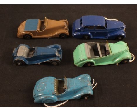 Five Dinky Toys, 38e Armstrong Siddeley in light green, 38a Frazer Nash in light blue, 38f Jaguar (SS100) sports car in dark 