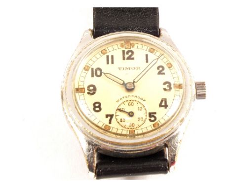 A military wristwatch by 'Timor', back marked with broad arrow and A.T.P. (Army Time Piece), circa 1939
