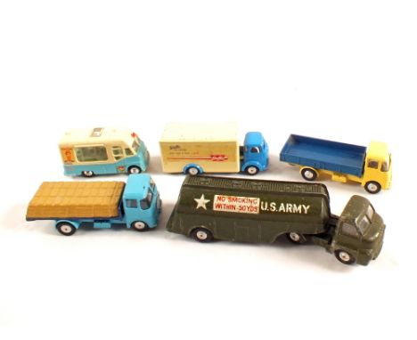 Five unboxed Corgi Toys lorries and vans, 1134 U.S. Army fuel tanker Big Bedford tractor unit, 428 Karrier ice cream van 'Mr 