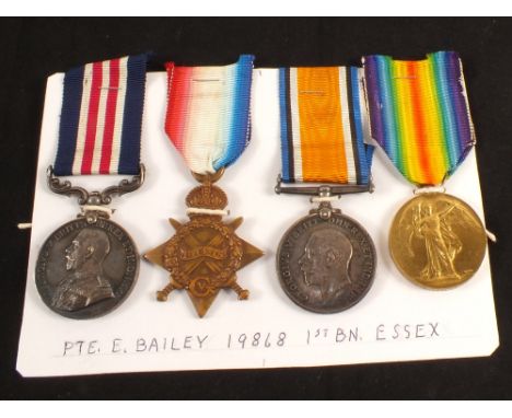 A WWI Military medal to 19868 Pte.E.Bailey I/Essex/R. together with his 1914/15 Star trio, with research and some Regiment hi