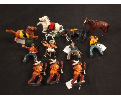 Various Timpo figures including Buffalo bill, cowboys on horseback plus Johillco cowboy on horseback plus three Indians