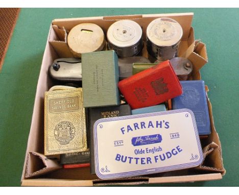 Various savings bank money boxes including Yorkshire Penny Bank, National Provincial, Post Office, Harrods Childrens Savings 