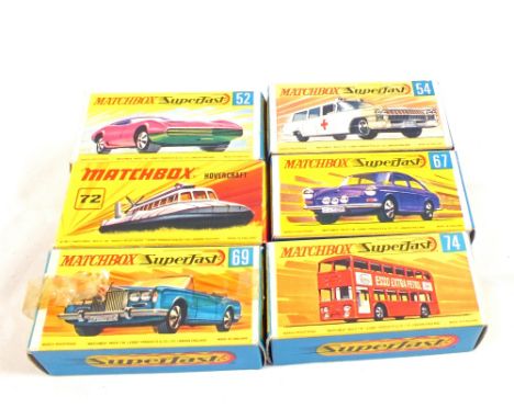 Six Matchbox 1-75 Series Superfast, 72c S.R.N.B. Hovercraft, 52c Dodge Charger MkIII in lime green, 54b Cadillac ambulance, 6