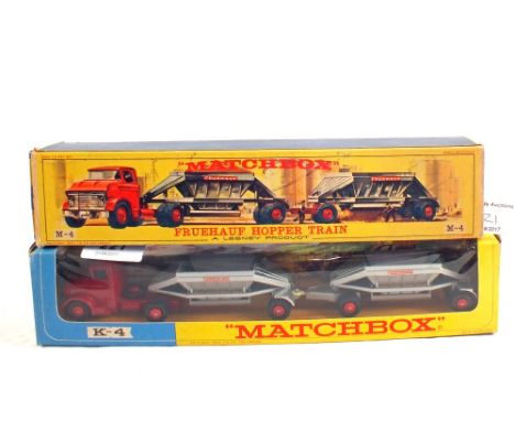 A boxed Matchbox Major pack M-4 Fruehauf Hopper train and a boxed Matchbox Kingsize K-4 Fruehauf Hopper train