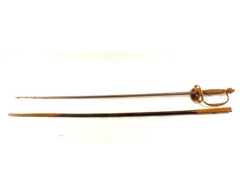 A vintage 'court sword' with etched blade in its brass mounted leather scabbard