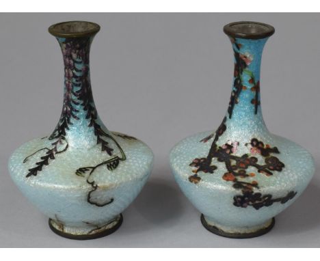 A Pair of Enamelled Vase in Pale Blue with Botanic Decoration, Some Condition Flaws to Enamel, 9cm high 