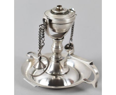 An Unusual Silver Plated Gimballed Bed Chamber Stick, Complete with Snuffer and Wick Puller, Circular Tray base, 8.5cm high 