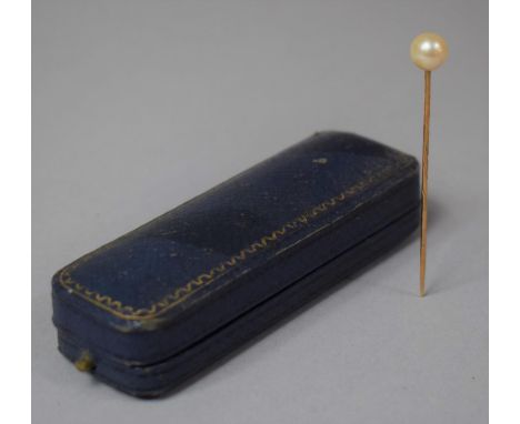 A Gold Stick Pin with Pearl Mount in Original Blue Leather Box 