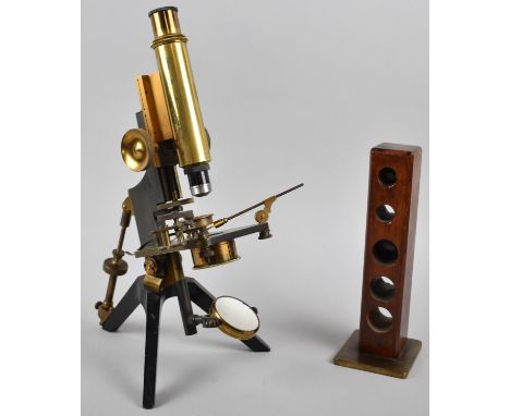A Late 19th/Early 20th Century Brass Mounted Microscope with Mahogany Lens Tower Holding Two Spare Lenses, Inscribed Watson B