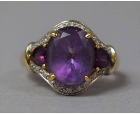 A 9ct Gold Ladies Dress Ring Set with Amethyst and Diamond Chips, 3.1g, Size K 