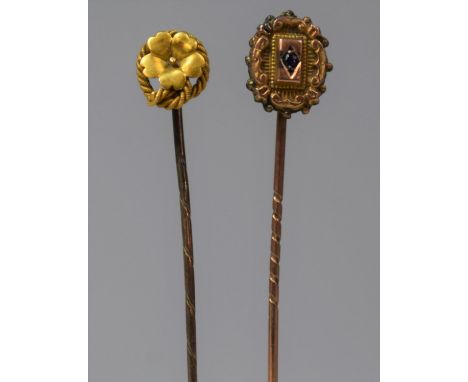 Two 9ct Gold Victorian Tie Pins, One Mounted with Sapphire and One with Floral and Rope Decoction 