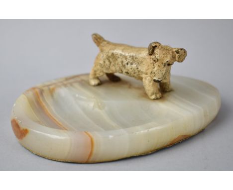 A Cold Painted Bronze Figure of a Terrier Mounted on Ovoid Onyx Dish Stand, 13cm Wide 
