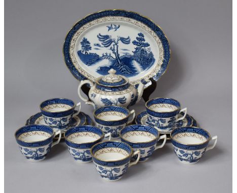 A Collection of Booths Real Old Willow Pattern Tea Wares to comprise Eight Cups. Oval Platter, Teapot, Two Saucers and Two Si