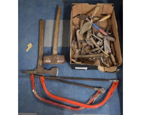 A Collection of Vintage Tools to Include Sledge Hammer, Axe, Bushman Saws, Trowels etc 
