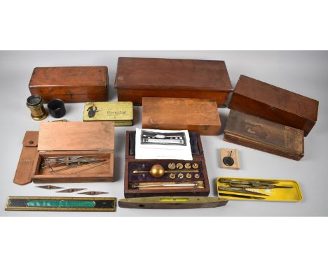 A Collection of Scientific Instrument Boxes, Compass Needles, Proportional Dividers, Vintage Tins etc 