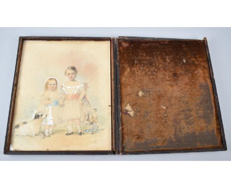 A Watercolor Portrait of Two Children and Terrier with Toys in Hinged 19th Century Frame, 23x28cm 