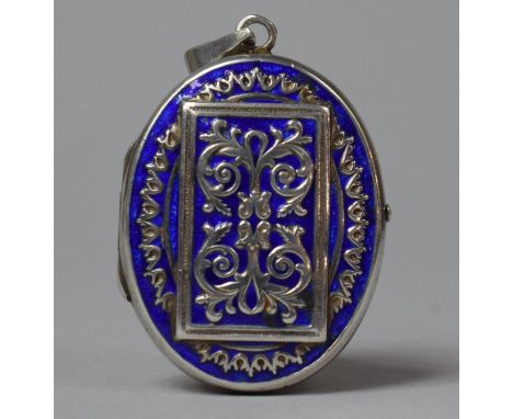 A Silver and Blue Enamel Photo Locket, 4cm high 