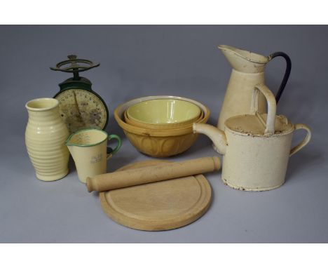 A Collection of Vintage Kitchenware to Include Mixing Bowls, Scales, Ewer, Water Jug etc 