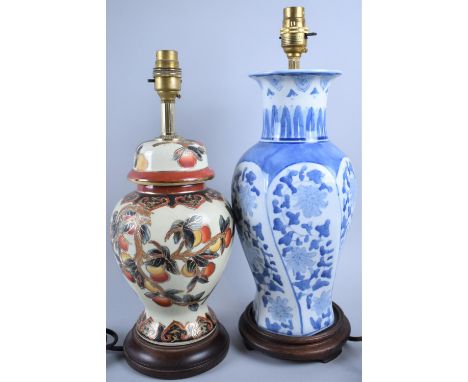 Two Oriental Ceramic Table Lamps on Turned Wooden Bases, Tallest 40cm high 