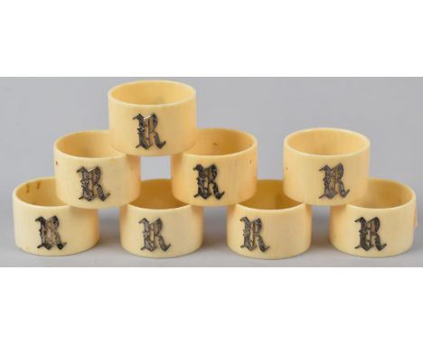 A Collection of Eight Late 19th/Early 20th Century Ivory Napkin Rings Monogrammed with "R" and Each Numbered 