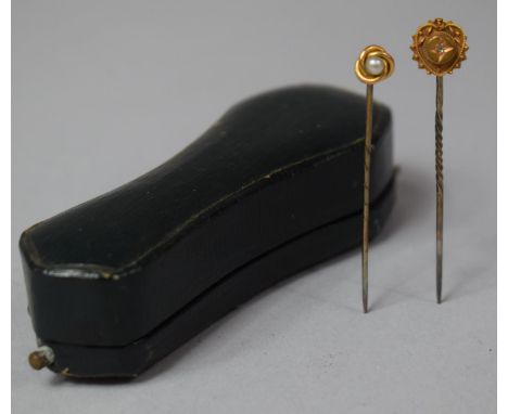 Two 15ct Gold Tie Pins, Probably Victorian, One with Heart Shaped Decoration Having Inset Diamond Chip and One with Pearl Mou