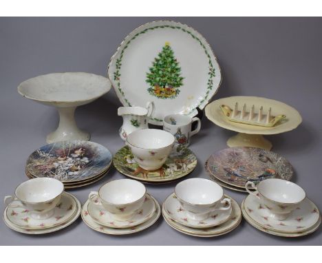 A Collection of Various China to comprise Collection of Rose Pattern teacups and Saucers, Two Cake Stands, Collection of Deco