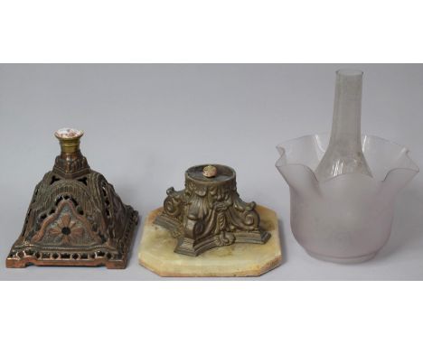 Various Oil Lamp Parts to Include Brass Bases, Etched Shade, All AF 
