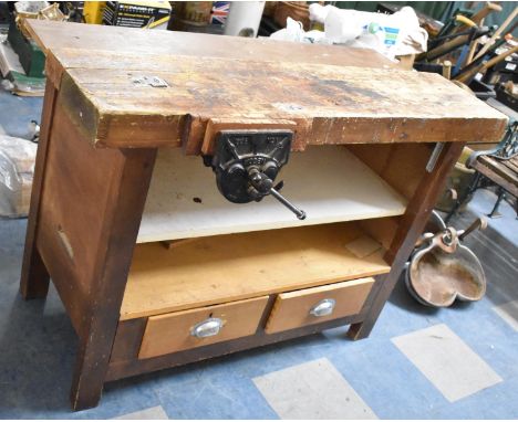 A Vintage Wooden Work Bench with Wooden Vice and Two Drawers to Base, 123cm Long 