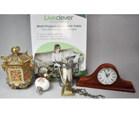 A Multipurpose Adjustable Table, Mantle Clock, Ceramic Oriental Lidded Censer, Silver Plated Jug etc 