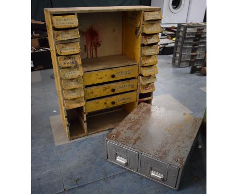 A Vintage Wooden Tools and Parts Chest, 52cm Wide Together with a Metal Two Drawer Card Index File 