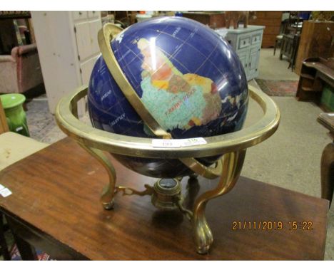 GOOD QUALITY BRASS AND AGATE INLAID TERRESTRIAL TABLE TOP GLOBE