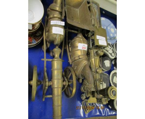 BRASS MODEL STEAM TRAIN, A FURTHER SHIRE HORSE AND CART AND ONE OTHER (3)