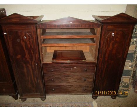 GEORGIAN MAHOGANY WARDROBE, THE CENTRE FITTED WITH TWO DOORS OVER THREE DRAWERS FLANKED EITHER SIDE BY CUPBOARD DOORS RAISED 