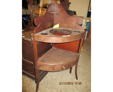 GEORGIAN MAHOGANY CORNER WASH STAND WITH CIRCULAR INLET WITH OPEN SHELF WITH SINGLE DRAWER AND BRASS KNOB HANDLE