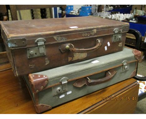 LEATHER VINTAGE SUITCASE AND A SMALLER ONE, AND A FURTHER HESSIAN AND LEATHER CASE (3)