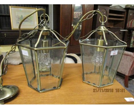 TWO MODERN BRASS EFFECT SIX GLASS ELECTRIC LIGHT FITTINGS OR LANTERNS