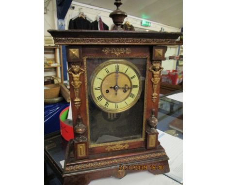 WOODEN BRACKET CLOCK WITH ENAMELLED DIAL AND ROMAN NUMERALS, THE CASE WITH TURNED WOODWORK TO EITHER SIDE