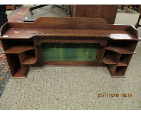 MAHOGANY WALL SHELF WITH OPEN COMPARTMENTS AND BAIZE BACK