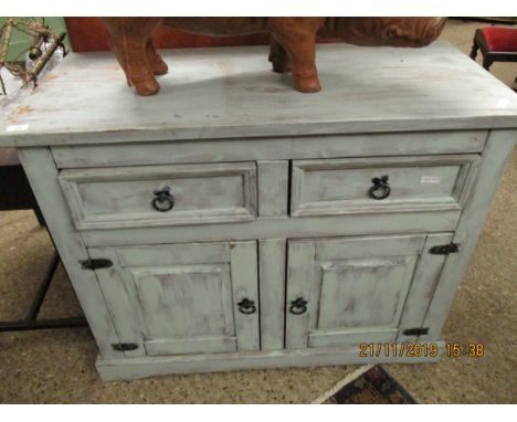UPCYCLED GREEN PAINTED SIDEBOARD WITH TWO DRAWERS OVER TWO CUPBOARD DOORS WITH RINGLET HANDLES