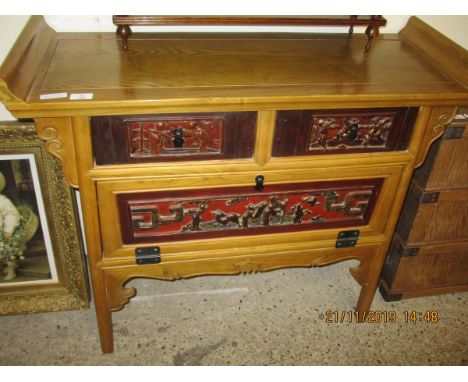 GOOD QUALITY ORIENTAL INFLUENCED SIDEBOARD WITH TWO DRAWERS OVER SINGLE DROP FRONTED DOOR ON SPLAYED LEGS