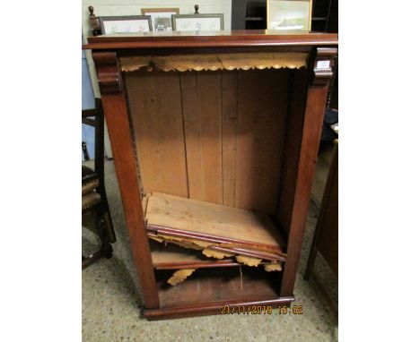 VICTORIAN MAHOGANY FRAMED ADJUSTABLE SHELF BOOKCASE WITH OPEN FRONT AND PANELLED BACK