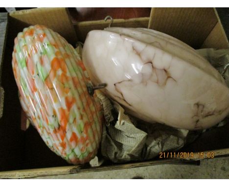 TWO RETRO MOTTLED GLASS CEILING LIGHT SHADES