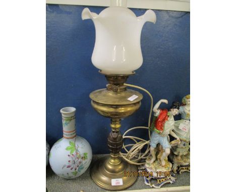 BRASS OIL LAMP CONVERTED TO ELECTRICITY, WITH ATTACHED GRENADE TO COLUMN
