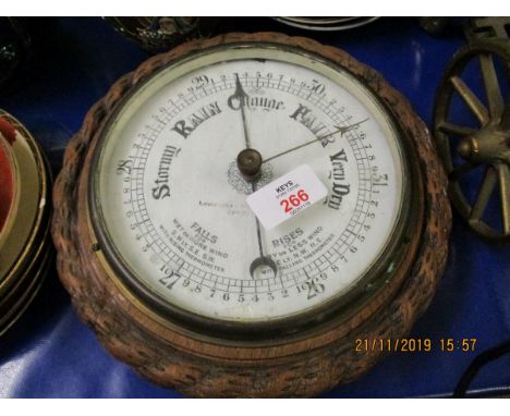 OAK FRAMED ROPE TWIST CIRCULAR BAROMETER WITH ENAMEL DIAL