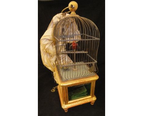 A 20th Century gilded and wirework clockwork automaton as two birds within a cage, approx 64 cm high excluding hanging hook  